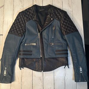 Balenciaga Quilted Leather Biker Jacket Size IT 36 Colorblock Black & Blue